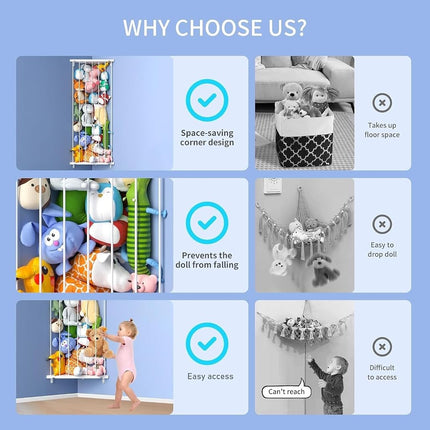 Befayoo Corner Stuffed Animal Storage Toy Organizer - Kids Room Stuffed Animal Holder Length Adjustable Plushie Toys Shelf - Large Corner Plush Toys Storage for Nursery Playroom Bedroom (White)