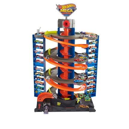 Pista de juguete Hot Wheels Mega Garaje, almacena más de 60 vehículos, incluye 1 vehículo de fundición (Mattel GTT95)