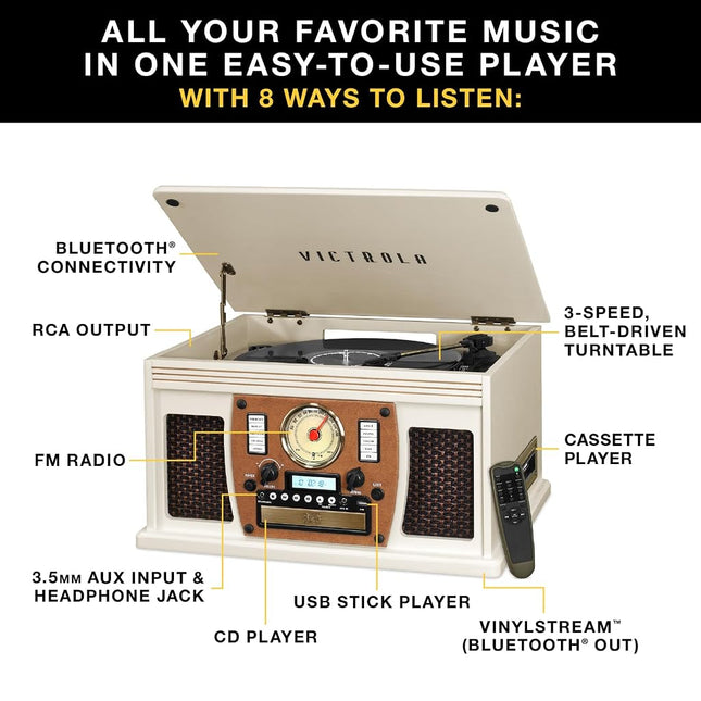 Victrola Nostalgic Aviator Wood 8-in-1 Bluetooth Turntable Entertainment Center, White