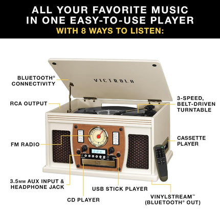 Platine Vinyle Bluetooth 8-en-1 Victrola Nostalgic Aviator en Bois, Centre de Divertissement, Acajou