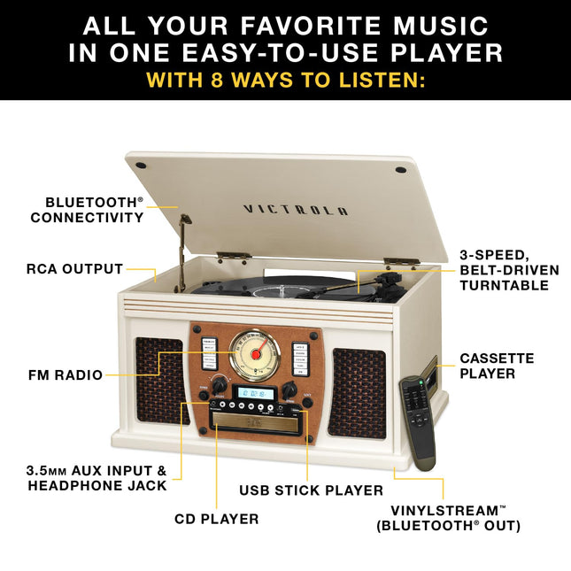 Victrola Nostalgic Aviator Wood 8-in-1 Bluetooth Turntable Entertainment Center, Mahogany