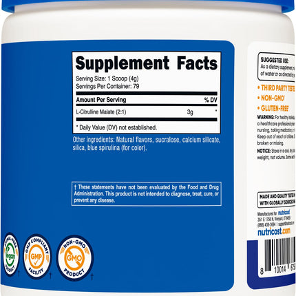 Nutricost L-Citrulina Malato 2:1 - 300 g - 3 g de L-Citrulina Malato por Porción, Sin Gluten, Sin OGM, Vegano (300 g, Frambuesa Azul)