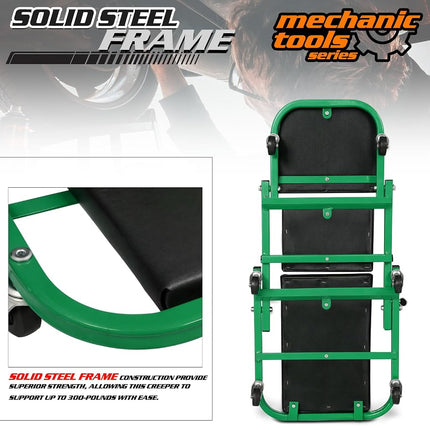 M-AUTO Foldable Z Creeper 2-in-1 Rolling Folding Car Creeper & Seat, 36" Adjustable Roller Garage Chair Lay Down or Sit, 330LBS Capacity Under Car Roller Creeper with 6 Swivel Casters, Green