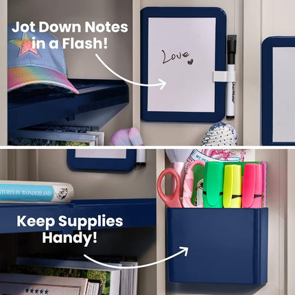 LockerMate Adjust-A-Shelf 6-Piece Locker Accessories Set, Extends to Fit Your Locker, Includes Storage Drawer, Mirror, Whiteboard, Storage Cup, Navy, Blue (50924KIT-NVY)