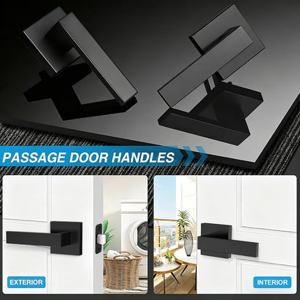 Plustool 1 Pack Matte Black Door Handles, Passage Door Levers for Hallway & Closet, Interior Keyless Door Knobs Heavy Duty Square Non-Locking Handlesets, Reversible for Left & Right Sided Doors