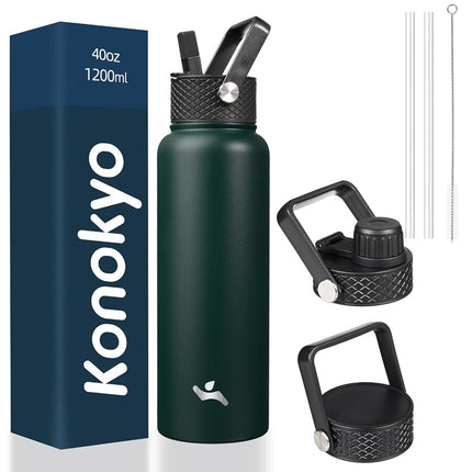 Konokyo Insulated Water Bottle with Straw,40oz 3 Lids Metal Bottles Stainless Steel Water Flask,Army Green