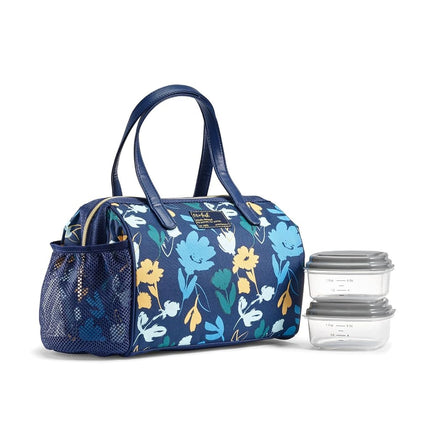 Fit & Fresh Cloverdale Adult Insulated Lunch Bag with Side Pouch & Carry Handles, Complete Lunch Kit Includes 2 Containers, Botanical Silo Navy