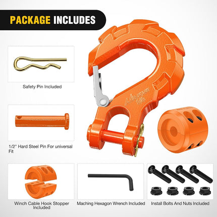 Nilight Forged Steel Winch Hook 3/8" Grade 70 Safety Latch Winch Cable Hook Stopper & Clevis Slip Hook Sets, Included Allen Wrench,Max 35,000 lbs,2 Years Warranty, Orange