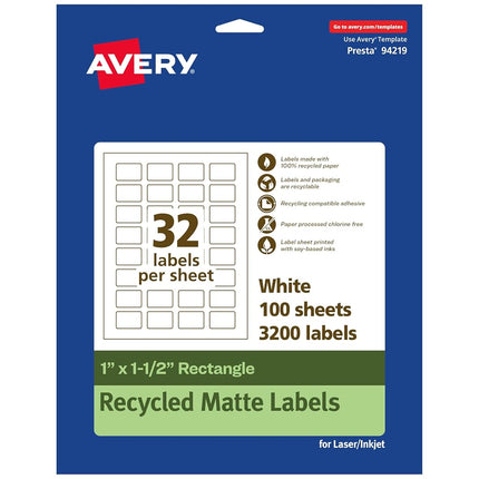 Avery EcoFriendly Matte White Recycled Rectangle Labels, 1" x 1.5", Print-to-The-Edge, Matte White Labels, Permanent Adhesive, Laser/Inkjet Printable, 3,200 Total