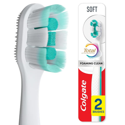 Colgate Total Active Prevention Foaming Clean Soft Toothbrushes, Soft Bristle Toothbrush Pack for Plaque Removal, Helps Reach Deeper Along The Gumline and Between Teeth, White, 2 Pack