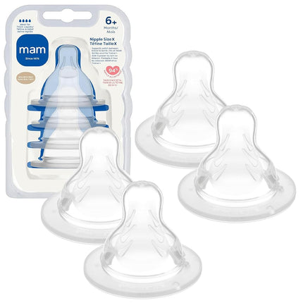 Tetinas MAM de Biberón, Flujo Extra Rápido Nivel 4, para 6+ Meses, Tetinas de Silicona SkinSoft para Biberones de Bebé, Compatible con Todos los Biberones MAM, Paquete de 4