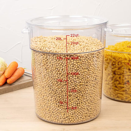 Restaurantware-Met Lux 22 Quart Food Storage Container, 1 Round Commercial Storage Container - Lid Sold Separately, with Volume Markers, Clear Plastic Food Prep Bucket, Space-Saving Storage