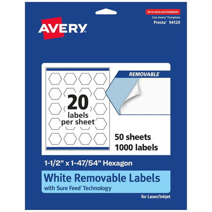 Etiquetas hexagonales extraíbles Avery blancas mate con tecnología Sure Feed, impresión hasta el borde, 1-1/2" x 1-47/54", 1,000 etiquetas extraíbles, etiquetas imprimibles para láser/inyección de tinta