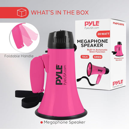 Pyle Megaphone Speaker with Siren Alarm – Portable 20W Bullhorn PA System with Microphone, Battery Powered, Adjustable Volume, Foldable Handle, Up to 365 m (400 Yard) Range – Pink