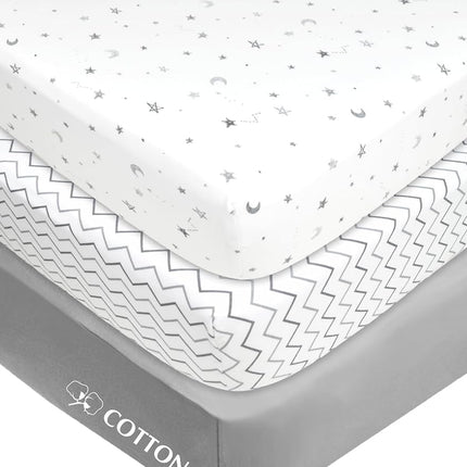 American Baby Company Lot de 3 draps de parc imprimés 100 % coton jersey, étoiles grises/zigzag, doux et respirants, pour garçons et filles