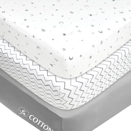 American Baby Company 3 Pack Printed 100% Natural Cotton Jersey Knit Fitted Pack N Play Playard Sheet, Grey Star/Zigzag, Soft Breathable, for Boys and Girls