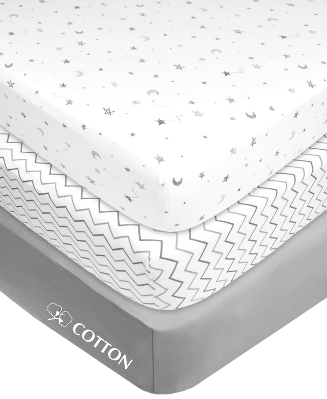 American Baby Company Lot de 3 draps de parc imprimés 100 % coton jersey, étoiles grises/zigzag, doux et respirants, pour garçons et filles
