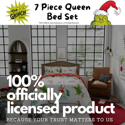 Franco Comforter and Sheet Set with Sham, Microfiber, Grinch-White + Red, 7 Piece Queen Size