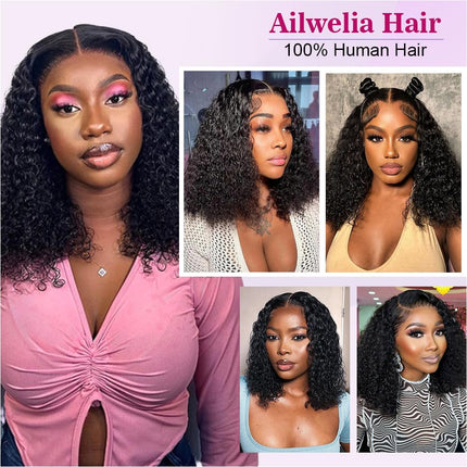 Ailwelia Curly Bob Wig Human Hair Deep Wave Glueless Wigs Human Hair Pre Plucked Pre Cut 5x5 Wear And Go Glueless HD Lace Closure Wigs Human Hair For Black Women 200% Density Black Color 14 Inch