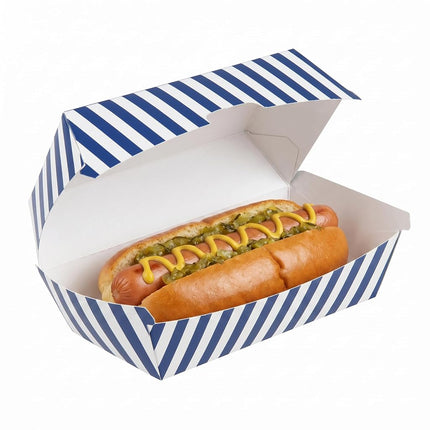 Bio Tek 6.7 x 3.5 x 3.5 Inch Clamshell Food Containers, 100 Disposable Sandwich Containers - Hinged Lid, Tab-Lock Closure, Blue And White Paper Hot Dog Containers, Greaseproof - Restaurantware