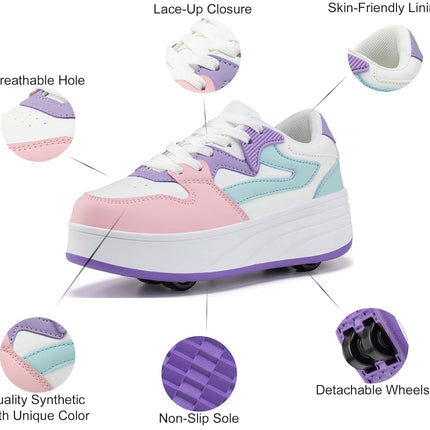 ANEFUN Roller Skate Shoes for Kids Boys Girls Sneakers with Detachable Wheels Sport Shoe White/Purple