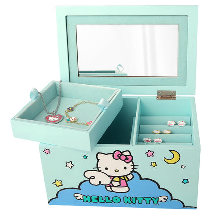 Joyero Hello Kitty con Bandeja y Almacenamiento, Licencia Oficial, Joyero Azul, Organizador de Joyas de Madera, Regalos de Sanrio (Azul)