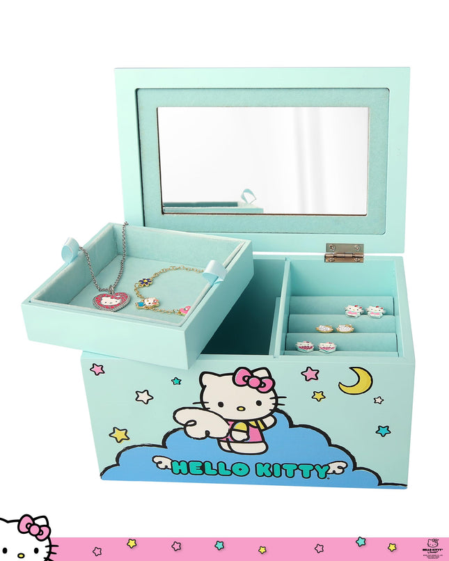 Hello Kitty Jewelry Box with Tray and Storage Official License, Blue Jewelry Box, Wood Jewelry Organizer, Sanrio Gifts (Blue)