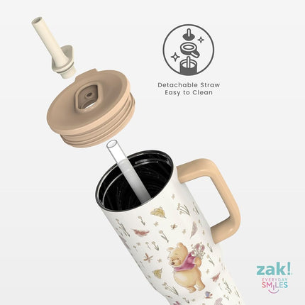 Zak Designs Disney Winnie The Pooh Sutton Travel Tumbler for On The Go, 30oz Stainless Steel with Vacuum Insulation, Silicone Straw, and Carry Handle for Cold Drinks (Pooh and Friends)