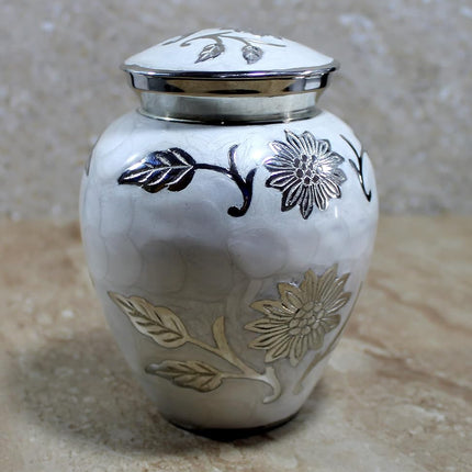 eSplanade Metal Cremation Urn Memorial Jar Pot Container | Medium Size Urn for Funeral Ashes Burial | Engraved Metal Urn | Pink - 6" Inches (White Floral)