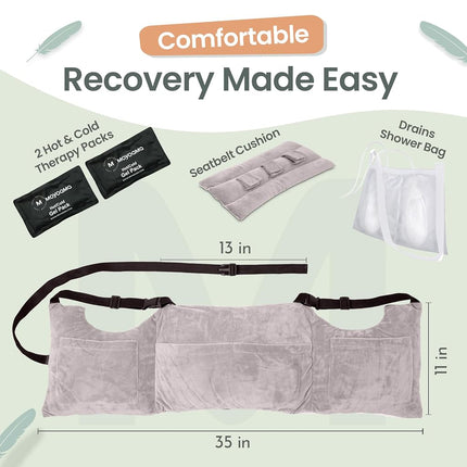 MOYOAMA Bundle Grey Plush: Mastectomy Pillow IR Design with Shower Bag, 2X Coldpacks, and Seatbelt Pillow