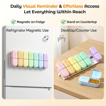 Daviky Magnetic Pill Organizer 2 Times a Day, Weekly AM PM Pill Case, Pill Box 7 Day with Magnets and Stand, Large Medicine Organizer for Medication, Vitamins and Supplements, Macaron