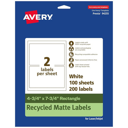 Avery EcoFriendly Matte White Recycled Rectangle Labels, 4.75" x 7.75", Print-to-The-Edge, Matte White Labels, Permanent Label Adhesive, Laser/Inkjet, 200 Printable Labels