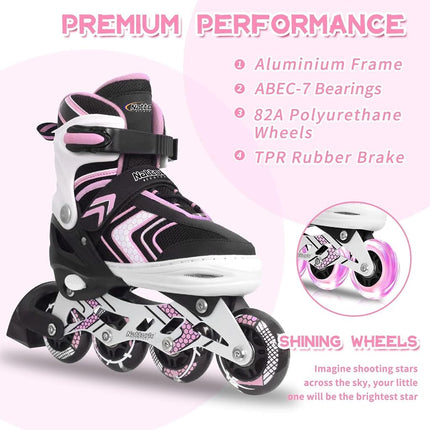 Nattork Inline Skates for Girls and Boys with Full Light up Wheels, Adjustable Beginner Roller Skates for Kids Youth Pink