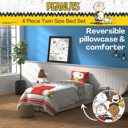 Franco Comforter and Sheet Set, Microfiber, Red-Peanuts-Snoopy, 4 Piece Twin Size