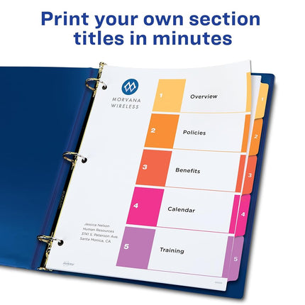 Avery 5-Tab Dividers for 3 Ring Binders, Customizable Table of Contents, Multicolor Tabs, 6 Sets (11187)