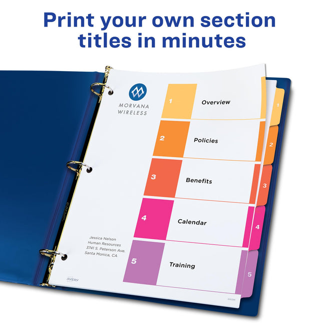 Avery 5-Tab Dividers for 3 Ring Binders, Customizable Table of Contents, Multicolor Tabs, 6 Sets (11187)