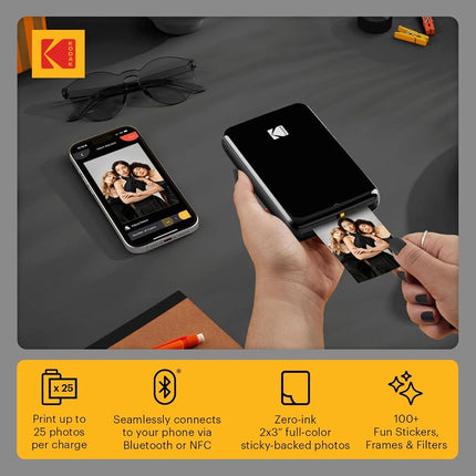 Kodak Step Instant Smartphone Photo Printer, Portable Mini Color Wireless Mobile Printer, Zink 2x3” (5.1x7.5 cm) Sticky-Back Photos, Bluetooth, 75 Sheets Bundle, Black