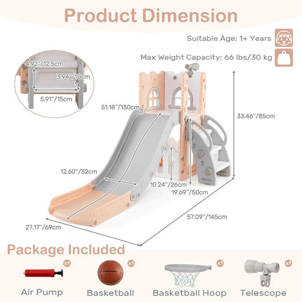 OLAKIDS Toddler Slide, 6 in 1 Kids Indoor Outdoor Playground with Climber Basketball Hoop Telescope Toy Storage for Boys Girls Aged 1+