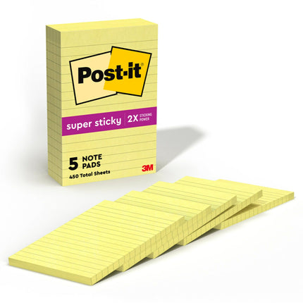 Post-it Super Sticky Notes, 4x6 in, 5 Pads, 2X The