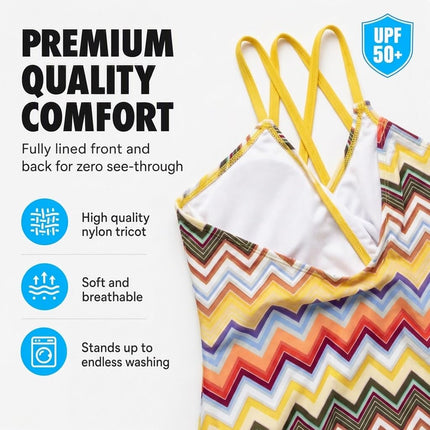 Kanu Surf Girls' Reese UPF 50+ Beach Sport Criss-Cross One Piece Swimsuit, Nina Yellow Multi, 14
