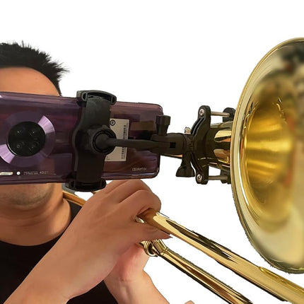 BEIIRLLA Trombone Phone Mount Lyre, Black, Adjustable 360° Rotation, Digital Sheet Music Holder for Low Brass Instruments, 0.78-2.5 Inch Pipe Diameter