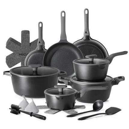 PRICUSIS Juego de ollas y sartenes antiadherentes, 9 piezas de utensilios de cocina de cerámica antiadherente no tóxica, sartén saludable para tortillas/huevos, sartén saludable, libre de PTFE, PFOA y PFAS, compatible con inducción, gris
