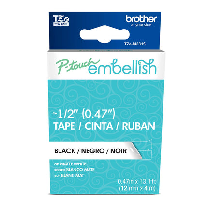 Brother P-touch Embellish Black Print on Matte White Tape TZEM231S – ~½” Wide x 13.1’ Long for use with P-touch Embellish Ribbon & Tape Printer, TZE-M231S