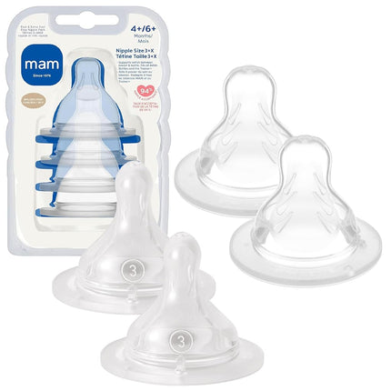 Tétines Biberon MAM Lot Débit Mixte - Tétines Débit Rapide Niveau 3 et Débit Très Rapide Niveau 4, pour Nouveau-nés et Plus, Tétines en Silicone SkinSoft pour Biberons, Compatibles avec Tous les Biberons MAM, Lot de 4