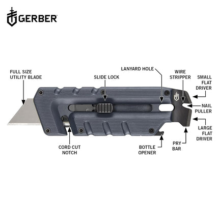 Gerber Gear Prybride Boxing Cutter, Retractable Blade, Heavy Duty Utility Knife with Crowbar, Bottle Opener and Wire Stripper, Multifunction Pocket Knife, EDC Gear - Blue