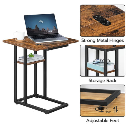 HOOBRO C Shaped Side Table, Foldable Small Table, Snack Table with Storage Shelf, Suitable for Living Room Bedroom Small Spaces, Easy Assembly, Rustic Brown BF29SF01