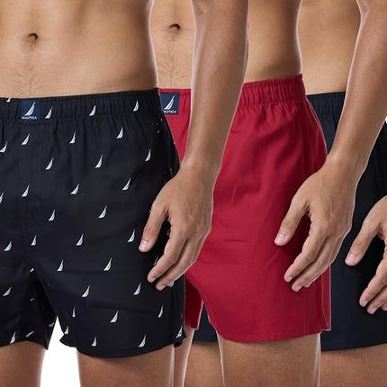 Nautica Men's Cotton Woven 3 Pack Boxer, Black Red