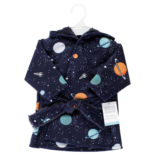 Hudson Baby Unisex Baby Mink with Faux Fur Lining Pool and Beach Robe Cover-ups, Space, 6-12 Months