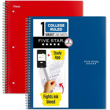 Five Star Spiral Notebooks + Study App, 2 Pack, 1 
