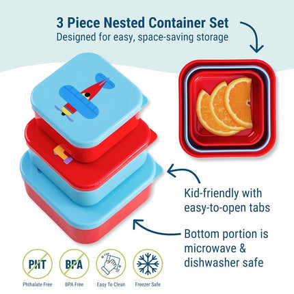 Wildkin Nesting Food Containers for Kids – Stackable, Airtight & Dishwasher Safe - Set of 3 - Trains, Planes & Trucks